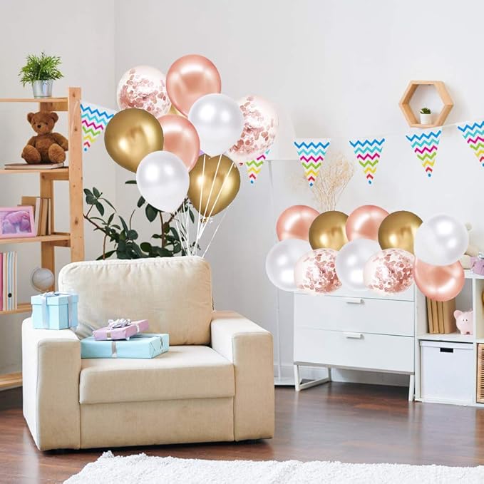 Rose Gold Confetti Latex Balloons, 60 Pack White Balloons 12 Inch with Gold Ribbon for Birthday Party, Wedding, Bridal Shower Decorations