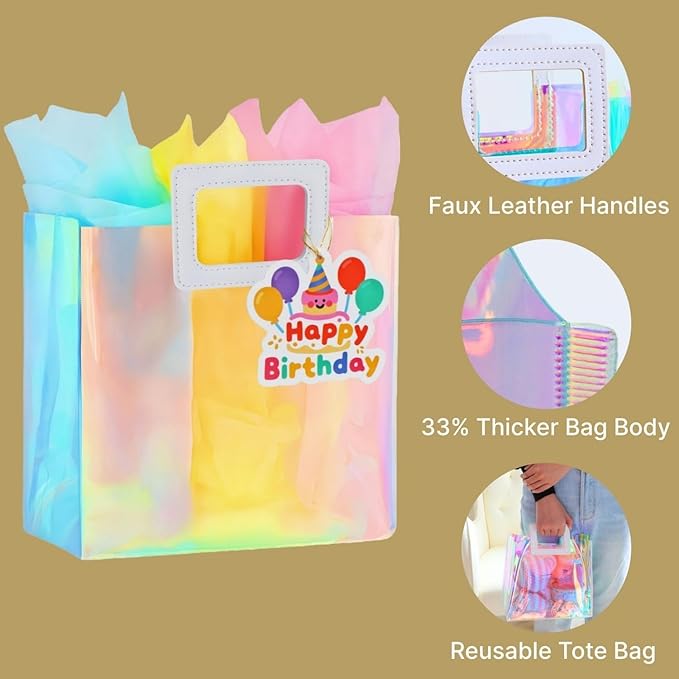 VUOJUR 8.3'' Small Birthday Gift Bag with Tissue Paper and Happy Birthday Gift Tag for Girl-Colorful