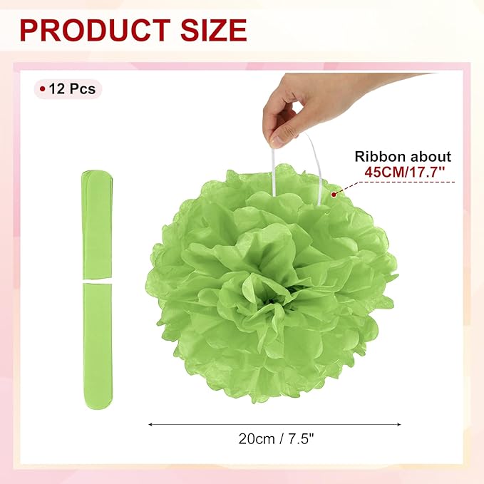 PATIKIL 8inch Tissue Paper Pom Poms, 12PCS Pom Poms Paper Flowers Ball Tissue Paper Flowers for Wedding Bridal Shower Birthday Bachelorette Party Backdrop Decoration, Light Green