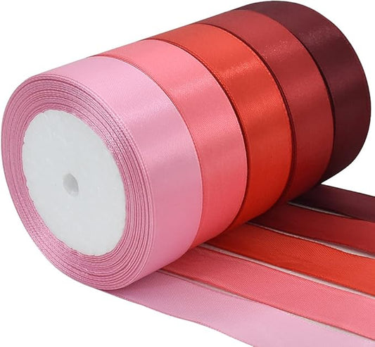 TONIFUL 1 Inch x 125 Yards 5 Colors Satin Ribbon Rolls, Mixed Red Color Set Fabric Ribbon for Gift Wrapping Embellish Wedding Birthday Party Decoration Bow Making Floral Craft Sewing（red）
