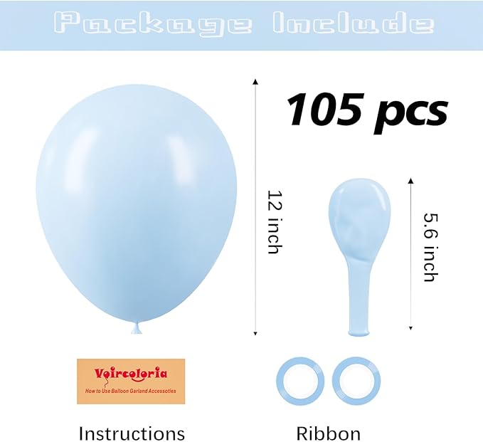 Voircoloria 105pcs Baby Blue Balloons 12inch Party Latex Balloons for Birthday Graduation Baby Shower Anniversary New Year Holiday Party Decorations