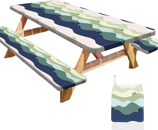Picnic Table Cover with Bench Covers Portable Table Cloth Built-in Storage Pocket Fitted Tablecloth with Elastic Edges Waterproof Camping Essentials for Indoor Outdoor Rv,96in,Green Cat