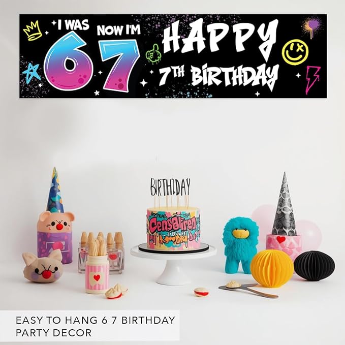 Andaz Press 13x48 Inch 6 7 Birthday Banner Decorations, I Was 6 Now I'm 7 Birthday Banner Graffiti 67 Happy Birthday Party Banner for Boys or Girls, Home or Party Decor Backdrop Sign with Adhesive