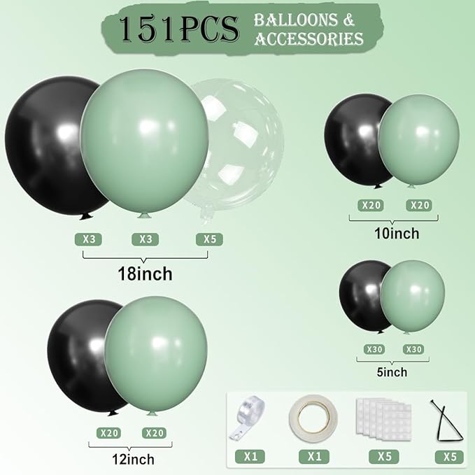 Sage Green and Black Balloon Arch Kit, 151Pcs Green Black Bobo Balloons Garland 18 12 10 5 inch for Birthday, Graduation, Baby Shower, Wedding, Anniversary, Holiday Party Decoration