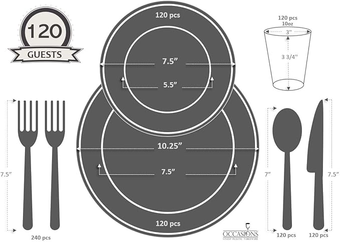 " OCCASIONS " 960pcs set (120 Guests)-Wedding Party Disposable Plastic Plate Set -120 x 10.25'' + 120 x 7.5'' + Silverware + Cups + Napkins (Scalloped in White/Blue & Gold)