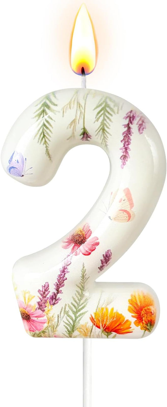Number 2 Birthday Candle for Cake – Floral Botanical Design with Butterfly Detail – Elegant Cake Topper for Birthday, Garden Party Decoration