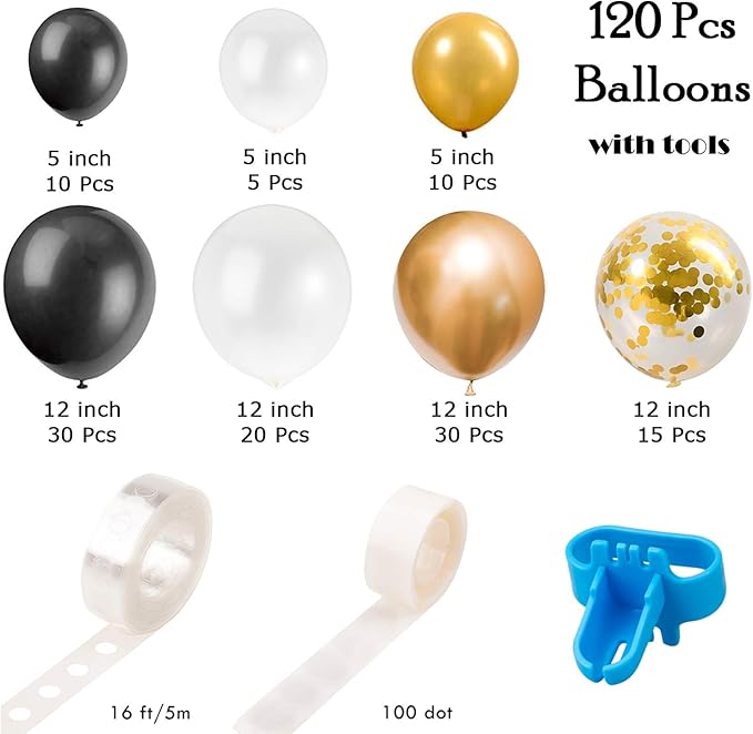 Whaline Black and Gold Balloons Garland Arch Kit 120Pcs 2026 Graduation Black White Metallic Gold Confetti Latex Balloons for New Year's Eve Wedding Anniversary Xmas Birthday Retirement Party Decor