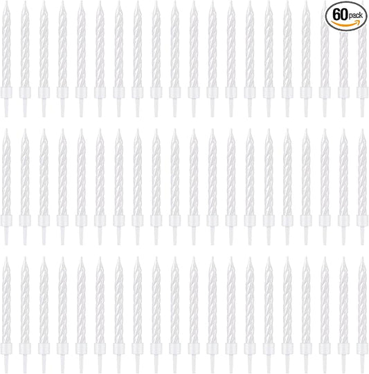 60 Pack Spiral Birthday Candles with Holders, White Metallic Cake Candles for Birthday Cake, Cupcake, Wedding, Baby Shower, Party Decorations
