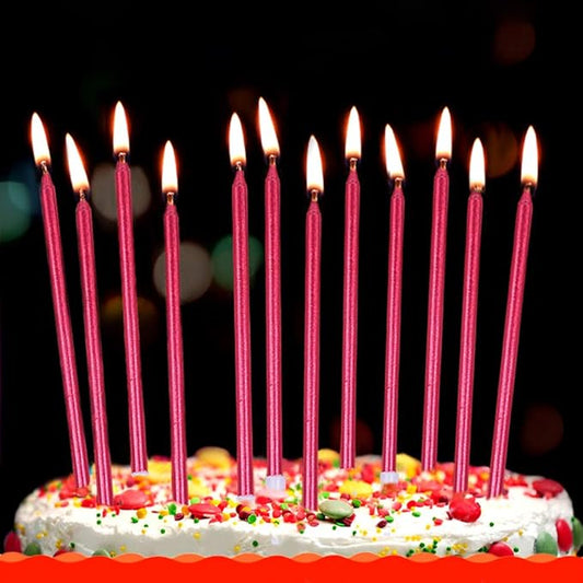 12 Count Long Thin Red Birthday Cake Candles in Holders for Birthday Wedding Party Cupcake Decorations Tall Candle