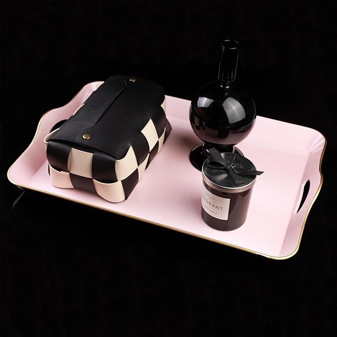 Pink Decorative Tray for Coffee Table with Handles, Plastic Rectangular Serving Tray for Living Room, Bathroom, Outdoors, 11.8"*17.3"
