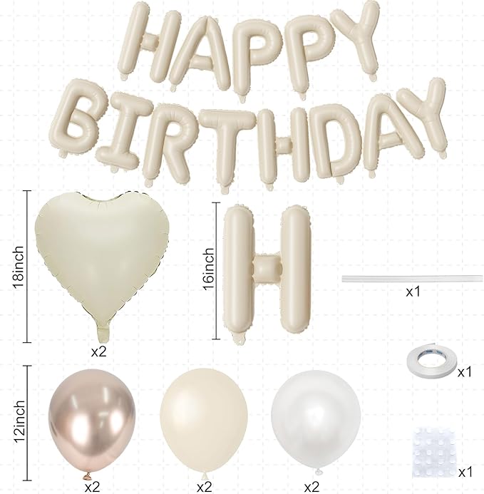 Happy Birthday Balloon Banner Cream, 16 Inch Beige Mylar Letters Heart Foil Balloons Pearl White Sand White Metallic Champagne Gold Balloons Boho Neutral Birthday Decorations for Girls Women Boy Men