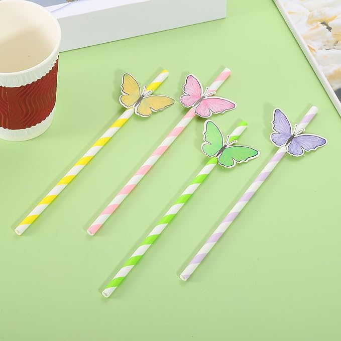 uxcell 40Pcs Butterfly Stripe Paper Straws, Drinking Straws Cake Decorations for Wedding Birthday Party Supplies, Pink