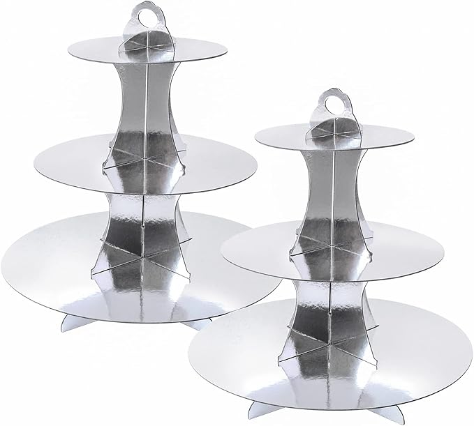 Soleebee 3-Tier Round Cupcake Stand, Cardboard Cupcake Tower, Dessert Cup Cake Stand Tower for Birthday Wedding Party Decoration, Cupcake Tier Stand 2 Set (Silver)