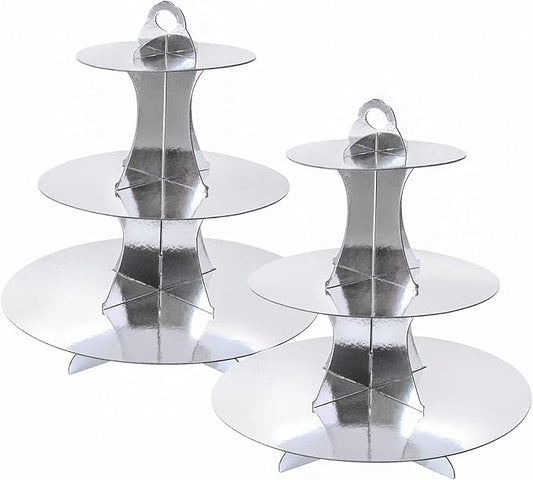 Soleebee 3-Tier Round Cupcake Stand, Cardboard Cupcake Tower, Dessert Cup Cake Stand Tower for Birthday Wedding Party Decoration, Cupcake Tier Stand 2 Set (Silver)