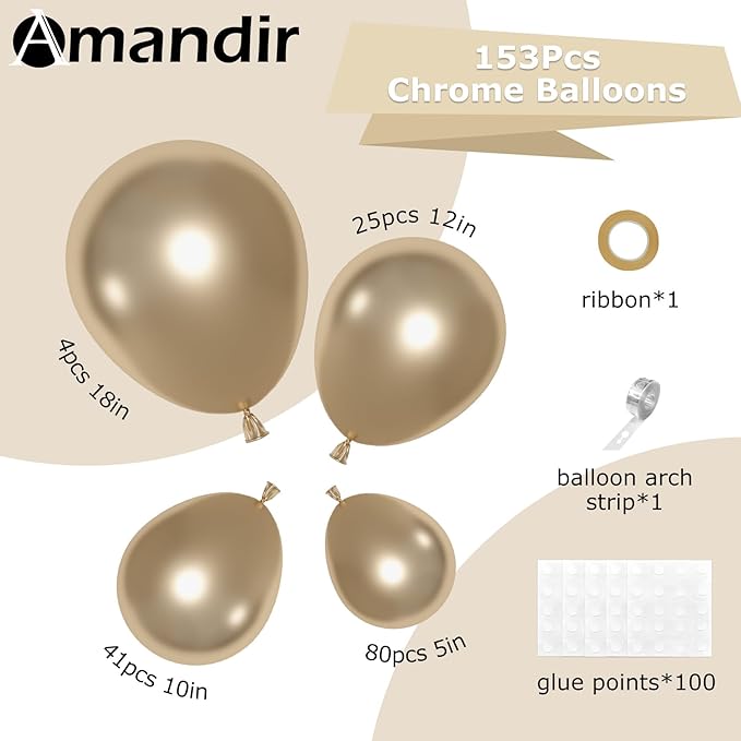 Amandir 153pcs Metallic Gold Balloons Arch Garland Kit Different Sizes 18 12 10 5 Inch Chrome Gold Champagne Balloon for Birthday Wedding Anniversary Bachelorette Graduation Party Decorations