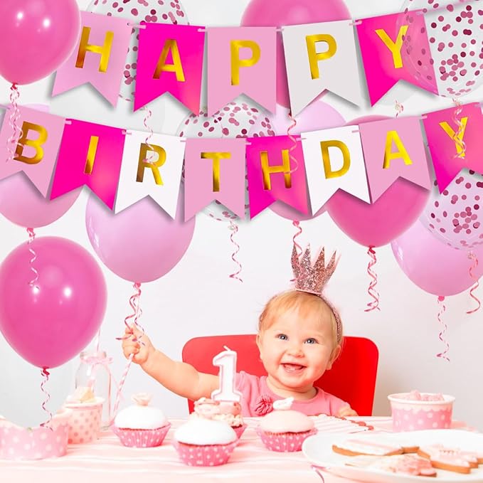 Pink Birthday Decorations, Happy Birthday Banner, 16 pcs 12 inch Balloons with 2 Ribbons for Girl and Women Party Decoration