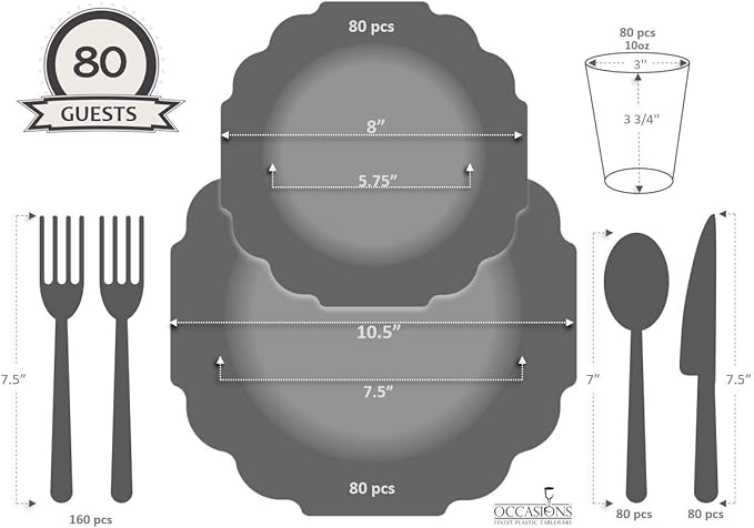 " OCCASIONS " 640 Piece set (80 Guests)-Heavyweight Wedding Party Disposable Plastic Plate Set - 80 x 10.5'' + 80 x 8'' + Silverware + Cups + Napkins (Imperial in Blush Pink & Gold)