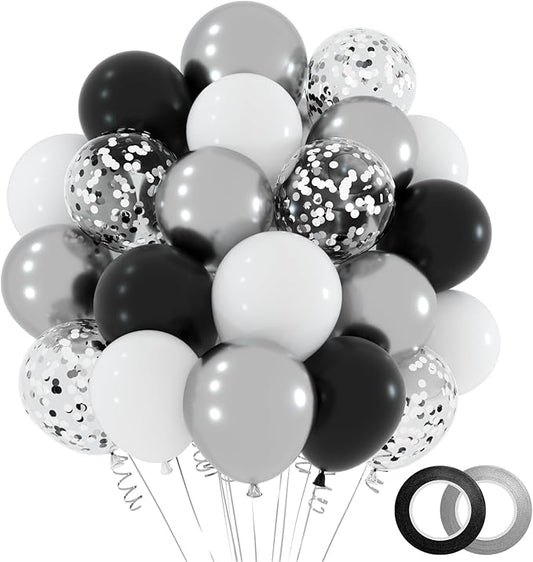 NACHLYNN 60 Packs Black and Silver Party Confetti Balloons 12 Inches Latex Balloons for Graduation Decorations Baby Shower Wedding Party Decorations