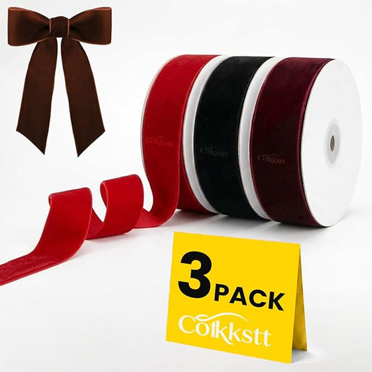 3 Pcs Rolls Velvet Ribbon Set, 33 Yards Red Burgundy Black. Valentine's Day Ribbon for Gift Wrapping, Wedding Decor, Crafts Bows and Holiday Decorations
