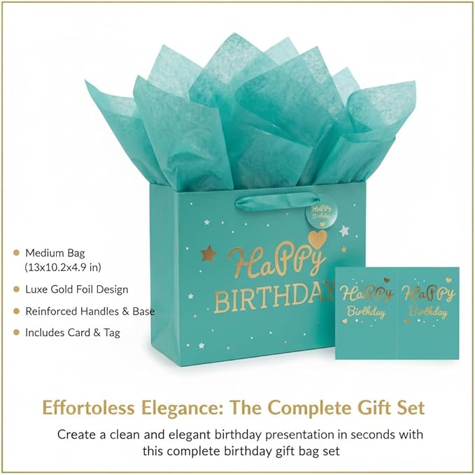 DOUBLESHOOT Green Happy Birthday Gift Bag with Tissue Paper and Card, Medium Gift Bag 13 x 10.2 x 4.9 in, Gold Foil Heart Birthday Gift Bag Set with Handles, 4-Piece Gift Wrap Bag for Women and Girls