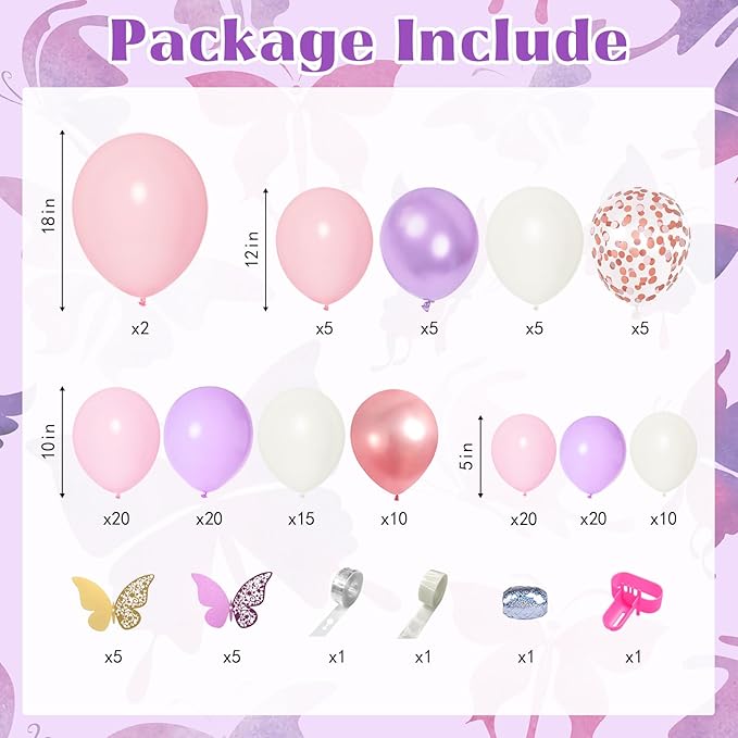 151PCS Pink Balloon Garland Arch Kit Rose Gold White Pink and Purple Balloons Confetti Latex Balloons Butterfly Stickers Decorations for Birthday Party Wedding Baby Bridal Shower Decorations