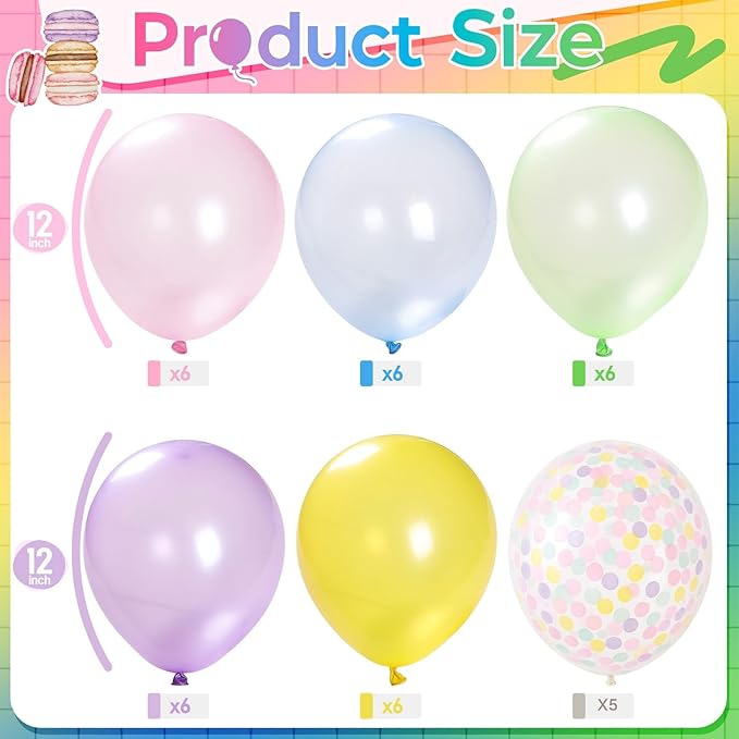Pastel Rainbow Balloons, Pastel Color Balloons for Girls Birthday Decorations, Macaron Pink Light Purple Green Blue Yellow Colorful Balloon with Confetti Balloon for Baby Shower Wedding Party Decor