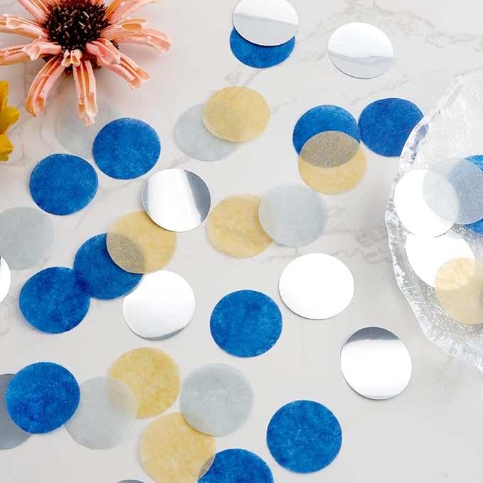 Confetti, Table Confetti, 1.76 Oz Confetti Paper, Diameter 1 inch / 2.5 Cm, Confetti Dots, Table Confetti Circles, Birthday Wedding Confetti, Round Tissue Paper, Blue Yellow Silver Confetti