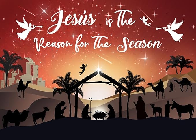 Mocsicka Christmas Nativity Backdrop Blue Large Merry Christams Party Decorations Banner Xmas Christmas Jesus is The Reason for The Season Background Photo Booth (Red, 6x4ft(72"x48"))
