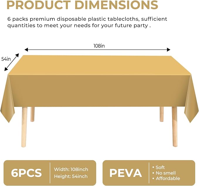 6 Pack Premium Disposable Plastic Tablecloth 54" x 108" Party Table Cloths Disposable for 6 to 8 Foot Tables Indoor or Outdoor Birthdays Weddings Christmas Anniversary Buffet Table (Gold)