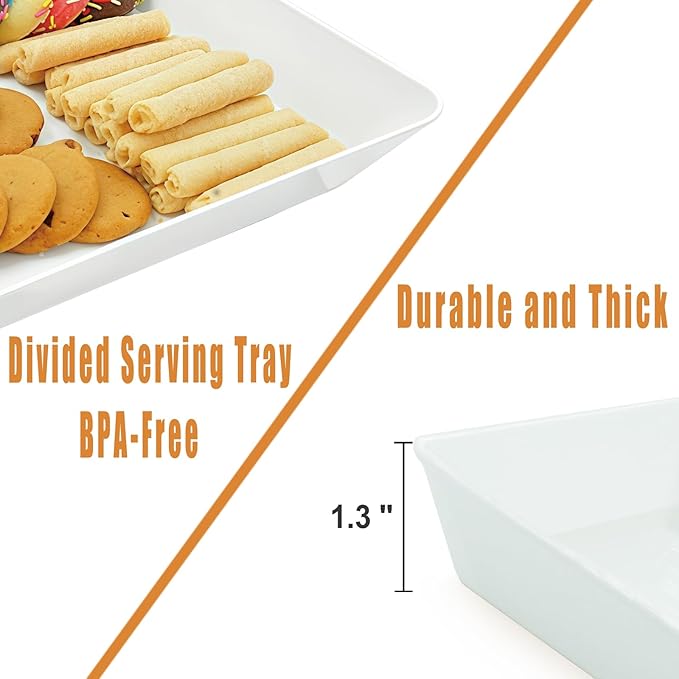 Serving Tray Platter Rectangle, 2 Pcs Long Narrow Food Tray for Veggie Fruit Snack Dessert, Plastic White Food Trays for Party Supplies Display, Rectangular Platters for Serving Food, BPA Free