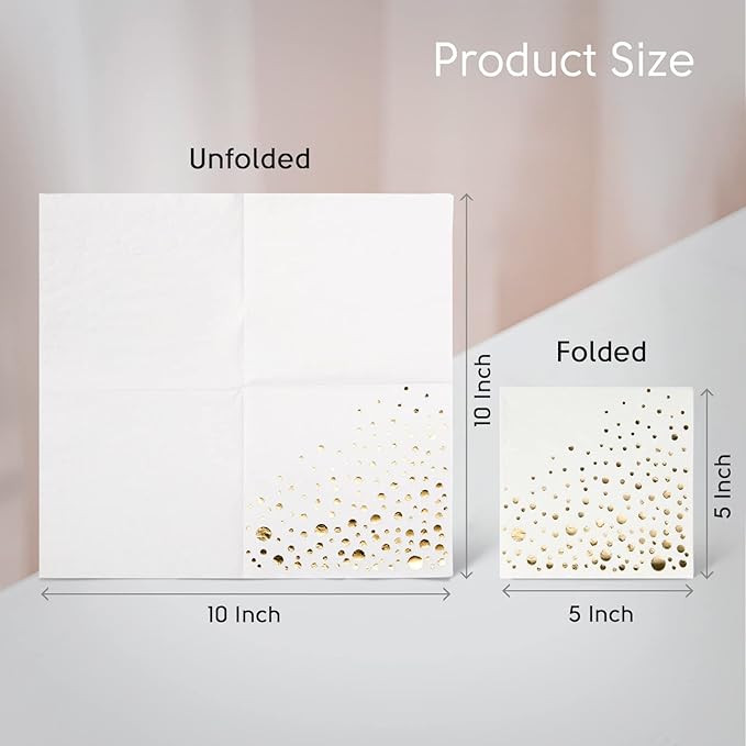 Stylish Gold Cocktail Napkins, 100 3Ply White and Gold Napkins, Disposable Party Napkins, 5x5 Inch Wedding Cocktail Napkins, Paper Cocktail Napkins, Bridal Shower Napkins, or Beverage Napkins