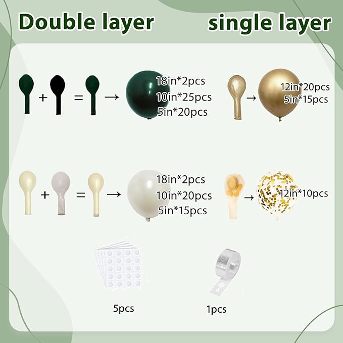 Emerald Green and Gold Balloons Arch Kit, Double Stuffed Dark Hunter Forest Green Pearl Sand White Metallic Gold Balloons for Wedding First Communion Birthday Graduation Party Decorations