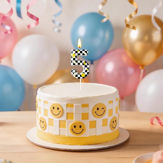 Number 5 Birthday Candle for Cake – Black White Checkered Smiley Design with Lightning & Star – Five Happy Dudes Theme Cake Topper for Birthday Party Decorations
