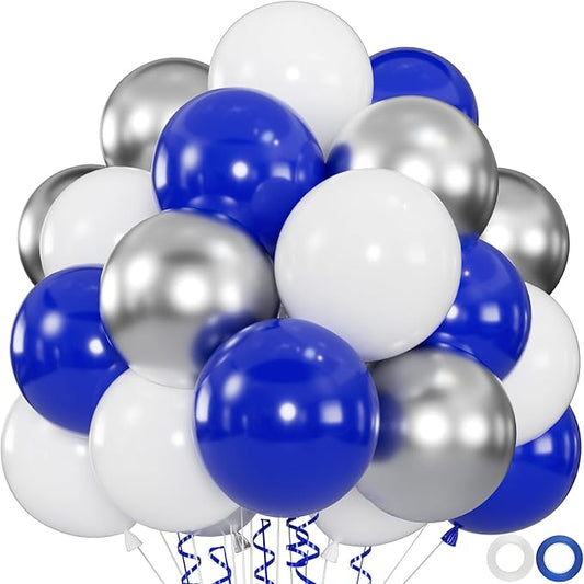 60pcs Blue White Silver Balloons, 12 Inch Royal Blue Metallic Silver Balloons for Class of 2026 Graduation Birthday Wedding Father’s Day Party Decorations