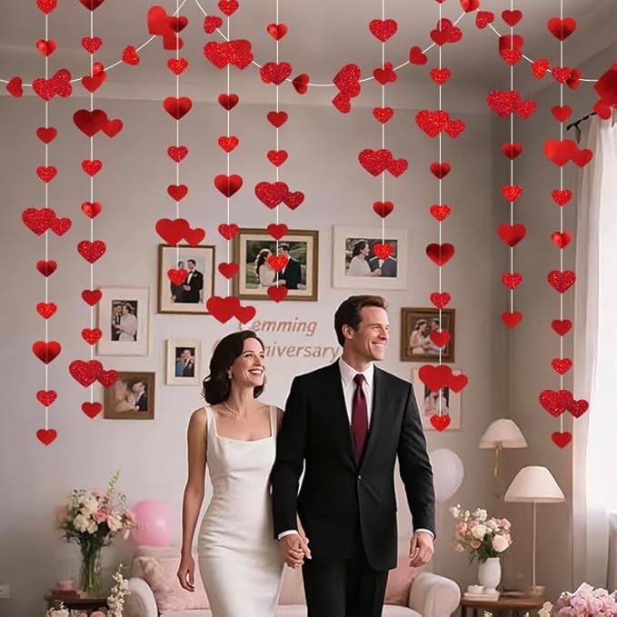 Red Heart Garland Hanging Sparkling Love Streamer Glitter Bunting Banner Twinkle Heart Backdrop for Wedding Engagement Valentines Galentines Birthday Party Decor 40 Feet