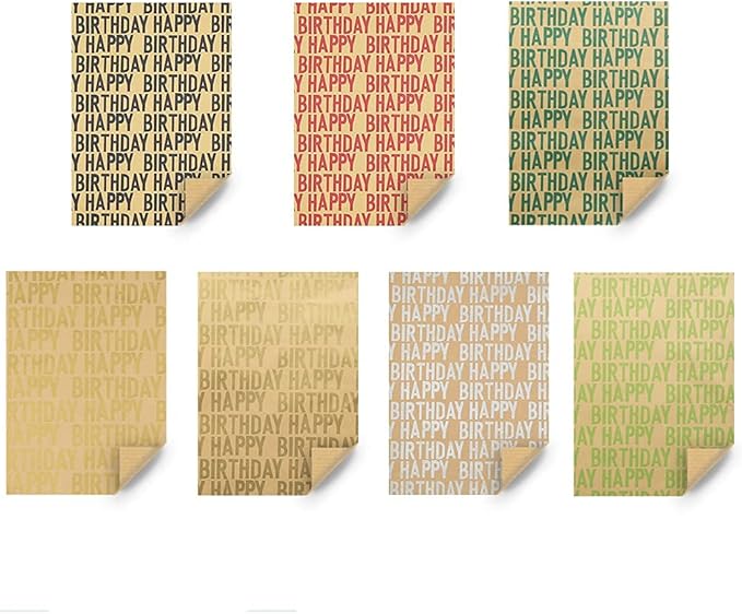 Happy Birthday Wrapping Paper For Men Boys Women Adults Kids Girls, Gift Wrapping Paper Recycled Multipack (7 Sheets,20 x 28 inches per sheet,27 Sq.ft. ttl.,) W/ 10 Gift Tags Jute Twine Tape Stickers