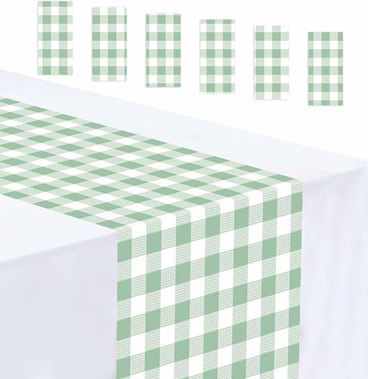 6 Pcs Sage Green and White Checkered Table Runner Plastic 14 x 108 Disposable Sage Green Gingham Table Runner for Birthday Wedding Baby Shower Party Table Centerpiece Decorations