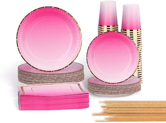 Ottin Ombre Rainbow Hot Pink Party Supplies 50-counts Disposable Paper Plates and Napkins Set for Birthday Wedding Bridal Baby Shower Engagement Mother's Day