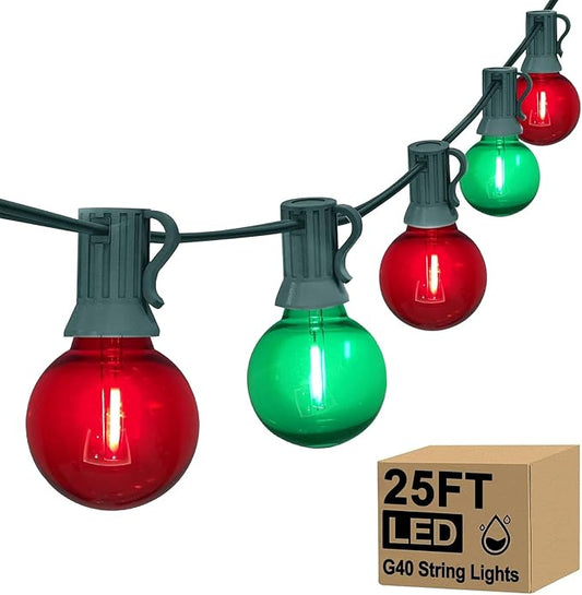 25Ft Outdoor Red/Green Christmas Lights, G40 Globe Patio String Light with 25 Shatterproof Bulbs(2 Spare), Outside Christmas Vintage Lights for Holiday Party Backyard Porch Decor, Green Wire