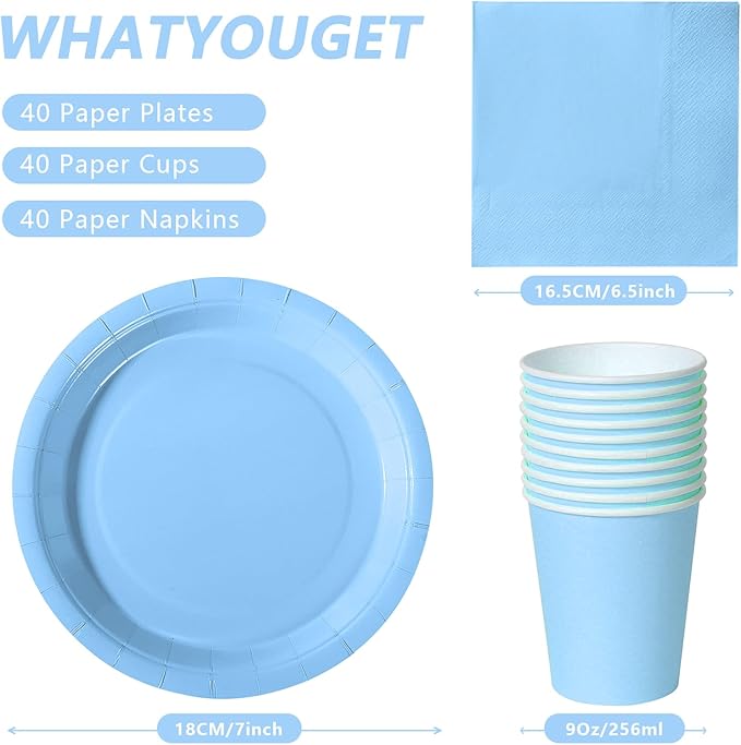 Light Blue Party Plates Set, 120-Piece Disposable Dinnerware for 40 Guests, Heavy-Duty 7-inch Paper Plates, Cups & Napkins for Baby Shower Boy, Pool Party, Nautical Theme, Summer