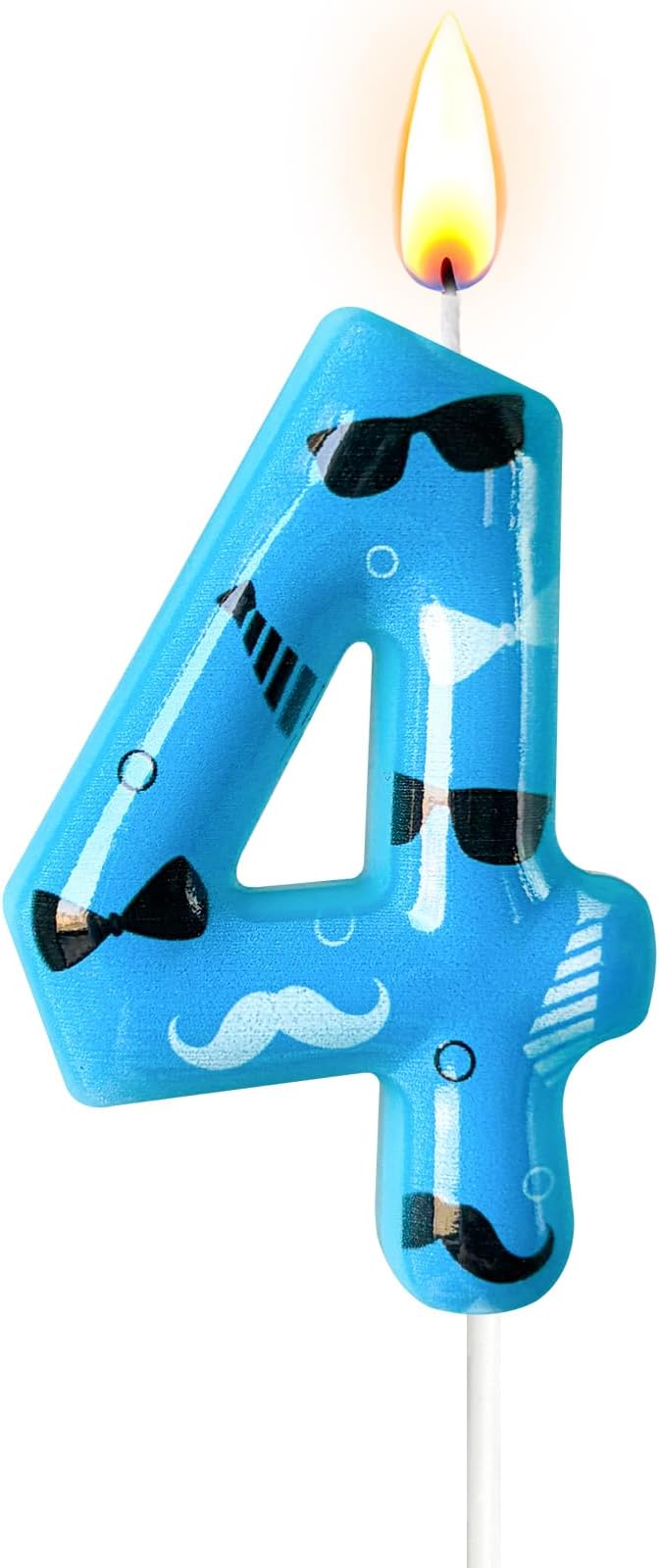 Number 4 Birthday Candle for Cake – Blue Gentleman Style with Sunglasses, Bow Tie & Mustache Design – Cool Cake Topper for Birthday Party Decoration