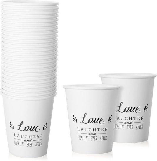 50 Pack Disposable Paper Coffee Cups for Wedding 9 oz Bridal Shower Reception Drinking Cups Happily Ever After Guests Love Tea Tumbler for Hot Drink Birthday Anniversary Celebration party tableware