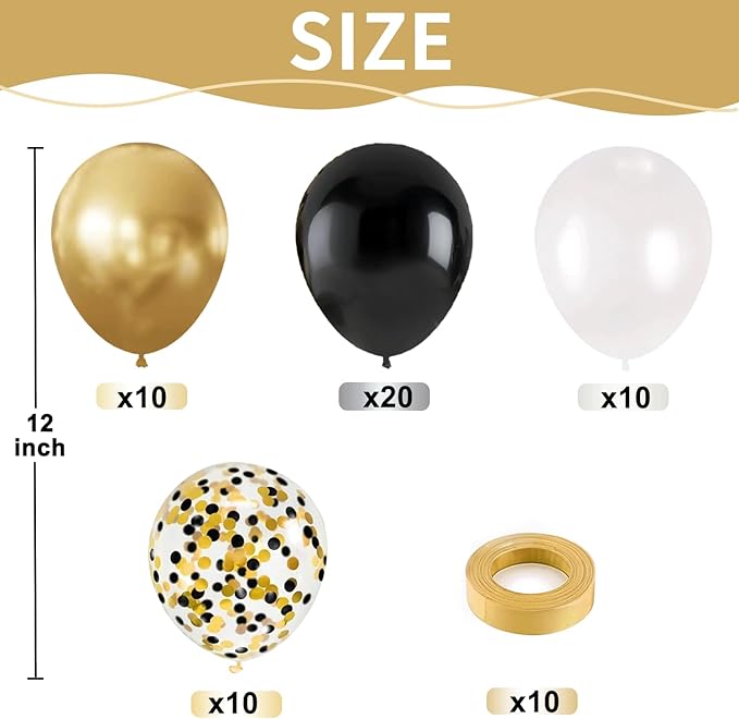 Black Gold White Balloons, 50pcs 12inch Matte White Black Metallic Gold Confetti Latex Balloons with Gold Ribbons for Birthday Graduation New Years Retirement Party Decorations
