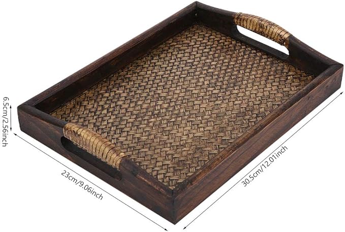 Wooden Serving Tray, Hand-Woven Rattan Rectangle Food Service Display Tray with Raised Handles, 9 Inch Natural Wood and Rattan Decorative Tray for Dining Coffee Table Tea Party
