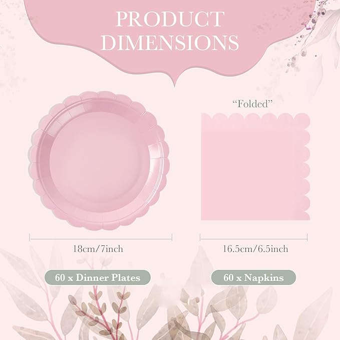 120 Pcs Pink Paper Plates and Napkins Party Supplies Bulk Disposable 7 Inch Scalloped Plates Cocktail Napkins for Wedding Bridal Baby Shower Birthday Decorations, Serve 60 Guests