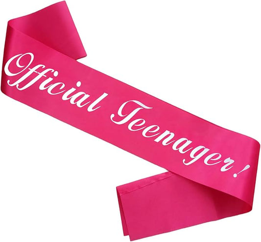 Official Teenager Sash, Silver Foil 'Official Teenager' Pink Birthday Sash for Girl 13th Birthday Party Decorations Gifts Favors