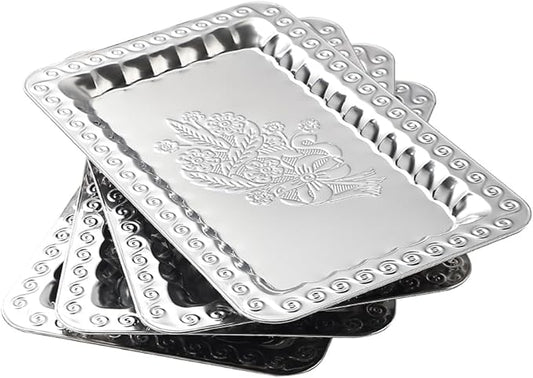 4-Pack Small Silver Serving Trays Set - ZENOVLUX Swirl Floral Engraved Mirror Decorative Tray, 11.4" x 7" Wedding Party Platters for BBQ, Food, Appetizer, Charcuterie, Cookies, Desserts