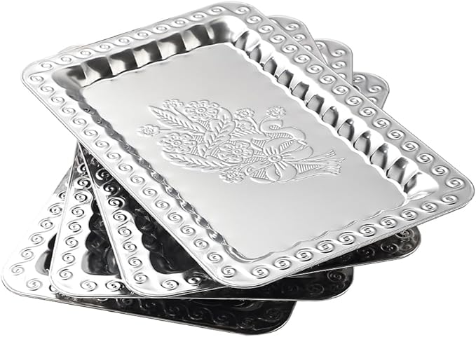 4 Pack Silver Serving Trays Set - 13.8 x 8.7 inch Lightweight Mirror Decorative Trays with Swirl Floral Engraving, Rectangular Platters for Party, Wedding, Dessert, Appetizers, Coffee & Charcuterie