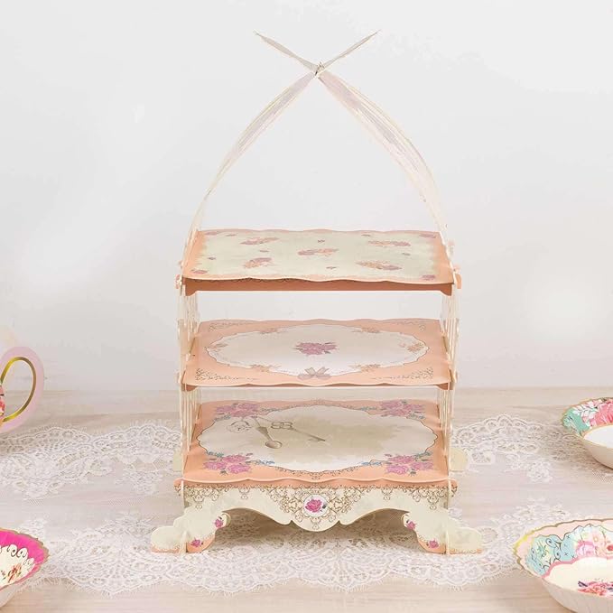 Efavormart 3 Tier White Peach Birdcage Cardboard Cupcake Stand with Floral Print, Cake Display Dessert Holder - 18"