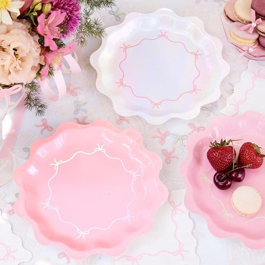 xo, Fetti Pink + Iridescent Wavy Bow Plates - 24 pcs | Bachelorette Decorations, Happy Birthday Party, Baby Shower, Cute Disposable Tableware, Bridal Shower, Valentines Supplies, Galentines